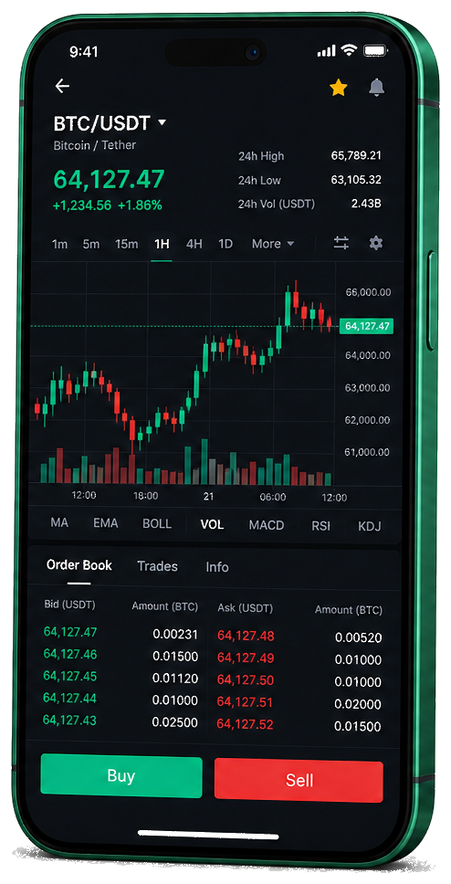 Application mobile Tredexen — graphique BTC/USDT en direct, carnet d’ordres et outils de trading